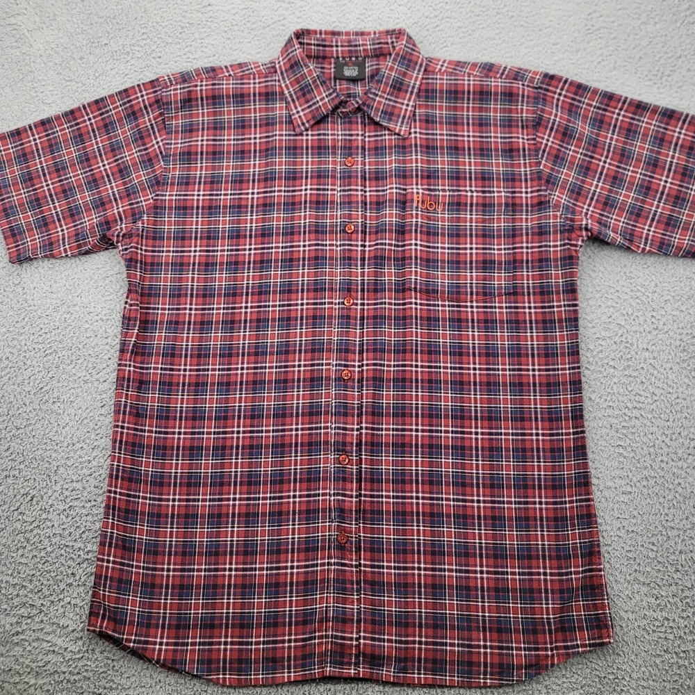 Fubu Shirt Mens XL Red Plaid Button Up Short Sleeve Logo Spell Out Pocket‎